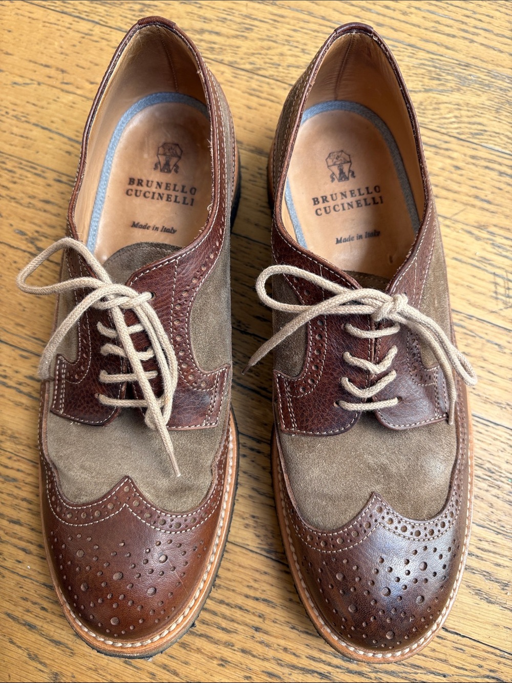 Brunello Cucinelli Two-Tone Brown & Tan Suede-Leather Brogues - Picture 3 of 10